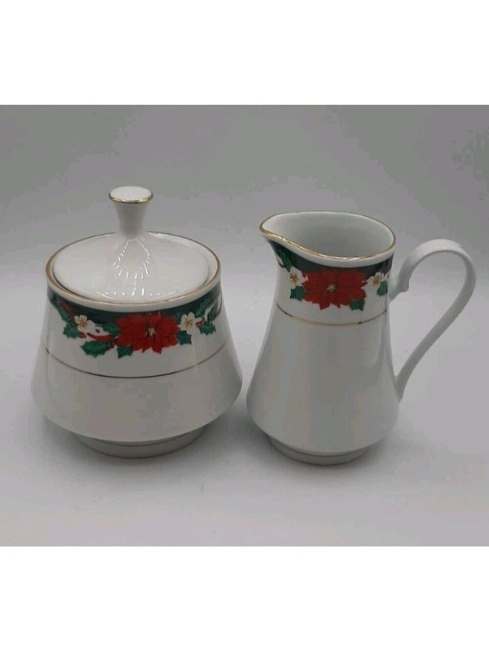 Tienshan Deck The Halls Creamer & Sugar Bowl With Lid Set Poinsettia Christmas